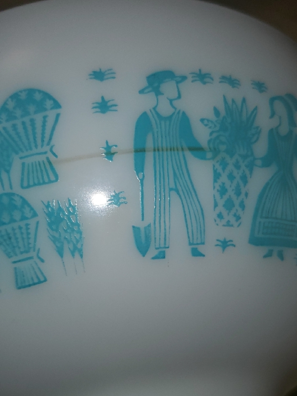 Pyrex White Milk Glass Mixing Bowl with Teal Country Couple Pattern - Picture 7 of 7